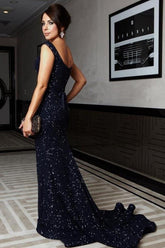 Fabulous Blue Sequined Mermaid Straps Long Prom Dresses with Sweep Train